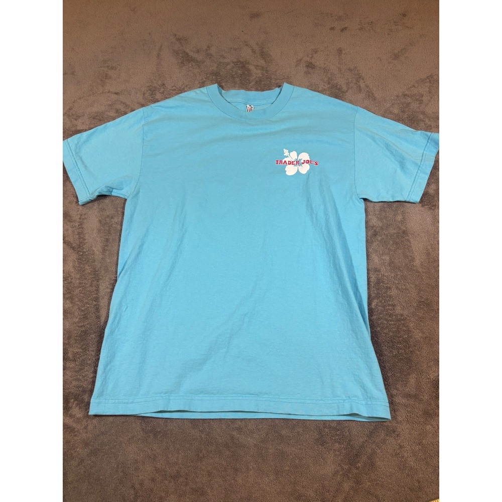 Trader Joe's Hibiscus Flower Logo Graphic T-Shirt Blue Mens Medium Tee